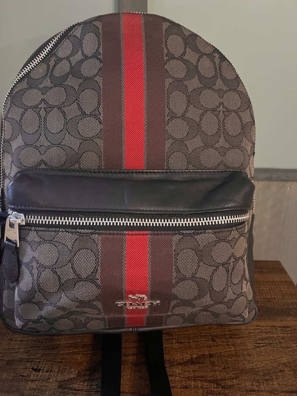 Coach Brown Signature Stripe Backpack with Red Accent